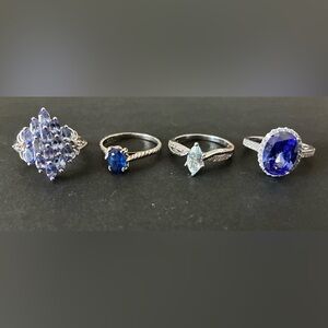 Sterling Silver (925) and Diamond and Blue Gemstone Ring Set (set of 4) size 10
